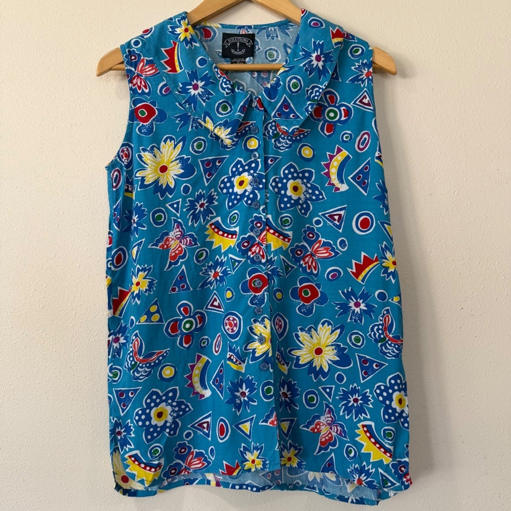 Vintage Solutions Blue Print Sleeveless Button Down Rayon Blouse Small